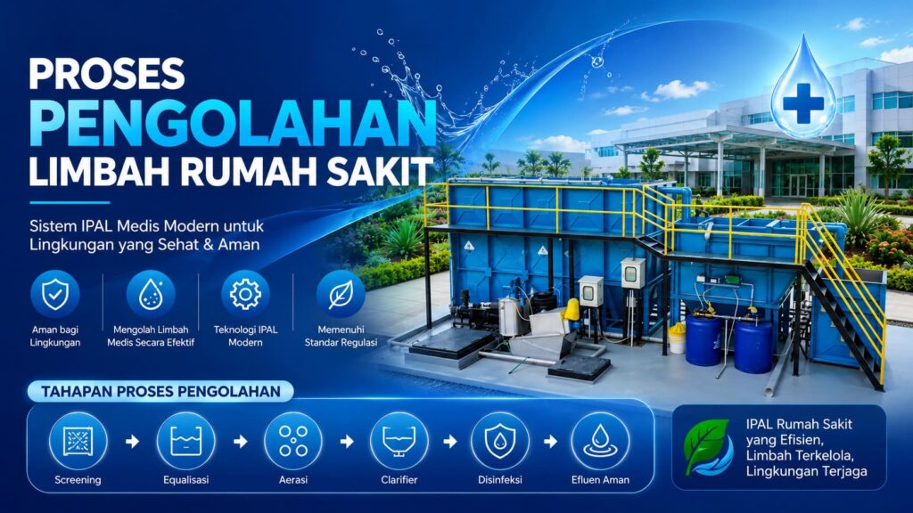 Proses pengolahan limbah rumah sakit modern menggunakan sistem IPAL medis dengan tahapan aerasi clarifier dan disinfeksi limbah