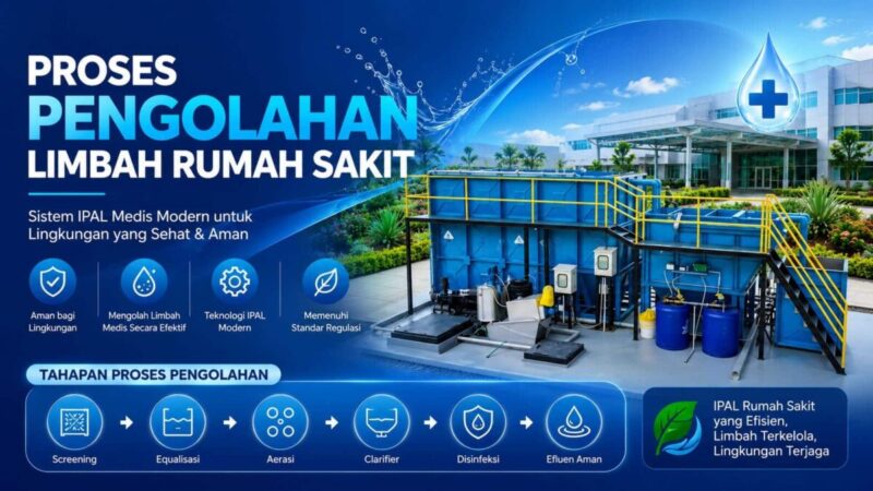 Proses pengolahan limbah rumah sakit modern menggunakan sistem IPAL medis dengan tahapan aerasi clarifier dan disinfeksi limbah