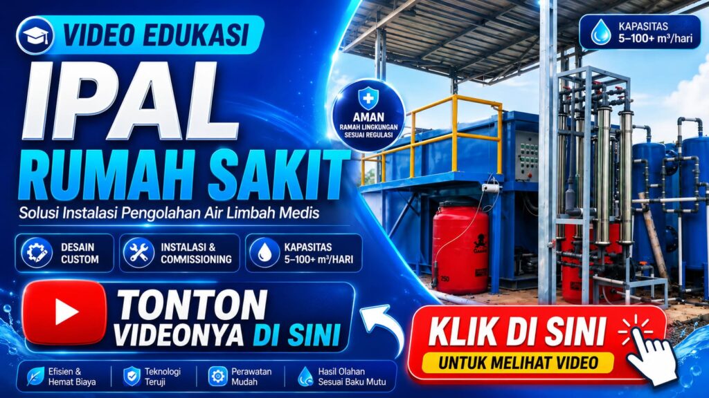 Thumbnail video edukasi IPAL rumah sakit tentang instalasi pengolahan air limbah medis dengan desain custom dan kapasitas 5–100 m3 per hari
