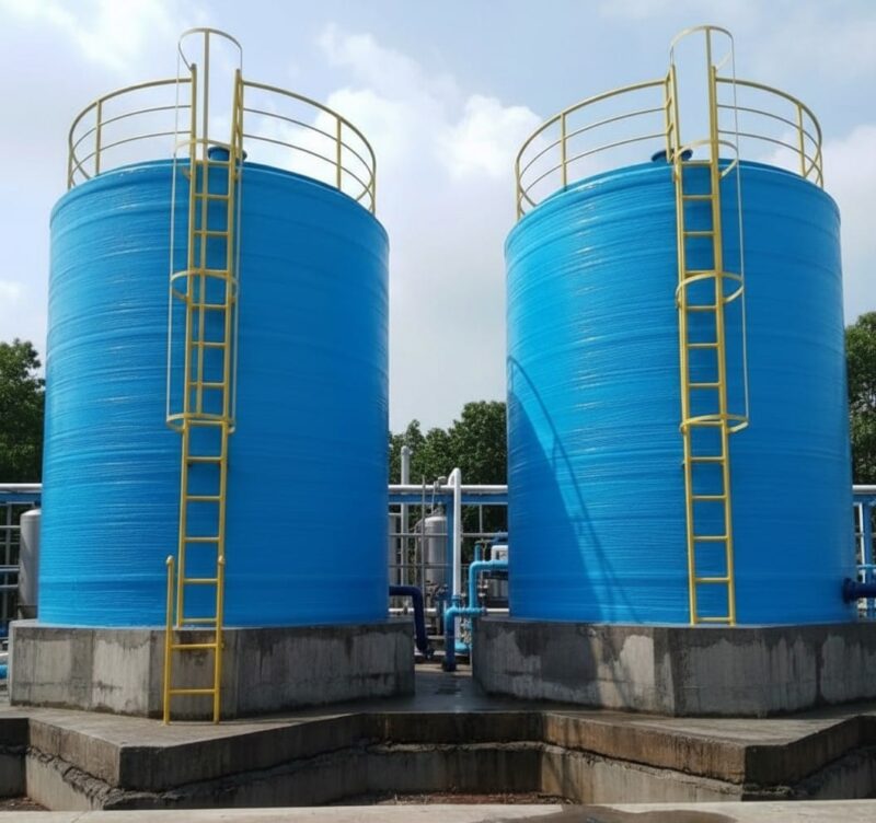 Dua unit tangki fiberglass besar berwarna biru dengan tangga akses kuning di area pabrik industri. Terdapat teks 'TANGKI FIBERGLASS', 'AWET KOKOH TAHAN LAMA', dan logo 'TOYA ARTA SEJAHTERA'. Menunjukkan produk tangki penyimpanan berkualitas tinggi untuk kebutuhan industri.