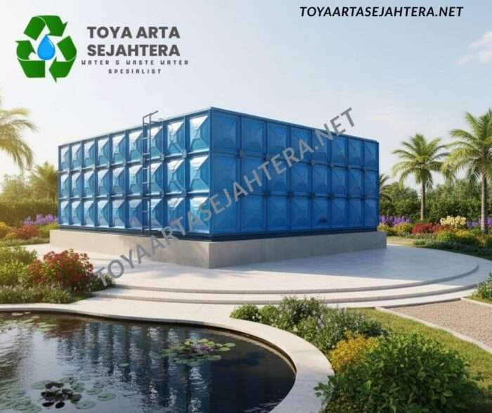 Instalasi panel roof tank fiberglass (FRP) berkapasitas besar di atap bangunan komersial untuk cadangan air bersih.