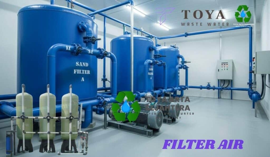 Sistem filter air rumah tangga modern yang terpasang untuk menyaring air sumur bor keruh dan berbau besi menjadi air bersih jernih.