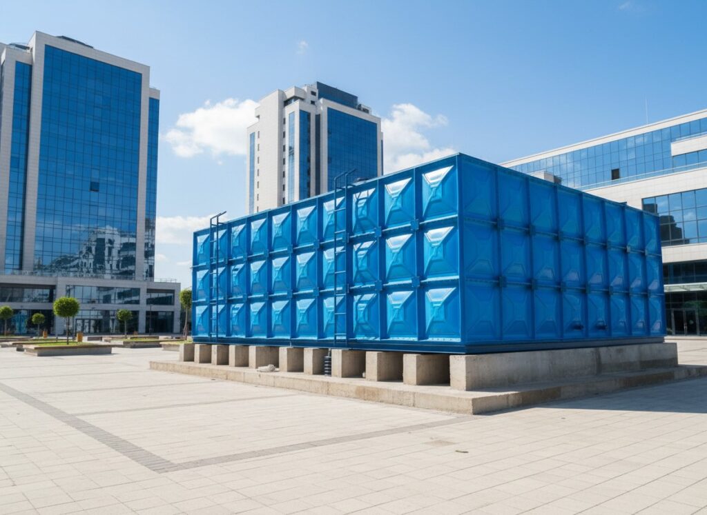 instalasi roof tank frp di rooftop gedung dengan metode fabrikasi on-site