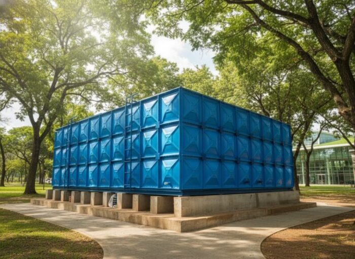 oof tank fiberglass dengan perlindungan anti uv untuk mencegah lumut pada tangki air rooftop