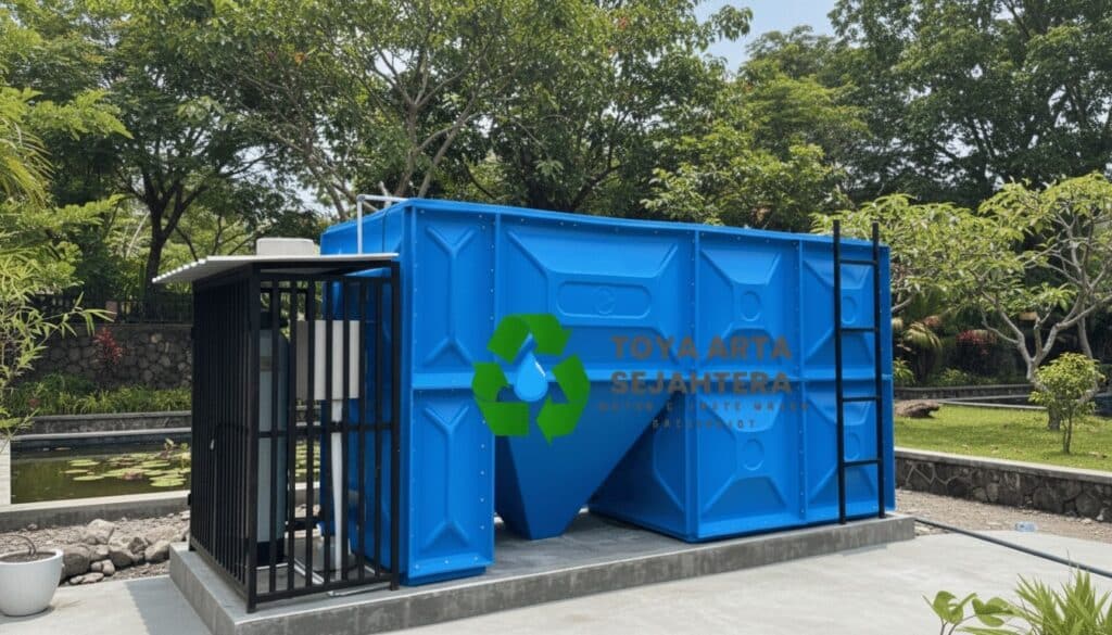 Unit tangki biru pengolahan limbah cair dengan sistem aerasi pada IPAL dapur MBG produksi Toya Arta Sejahtera untuk mendukung sanitasi program Makan Bergizi Gratis.