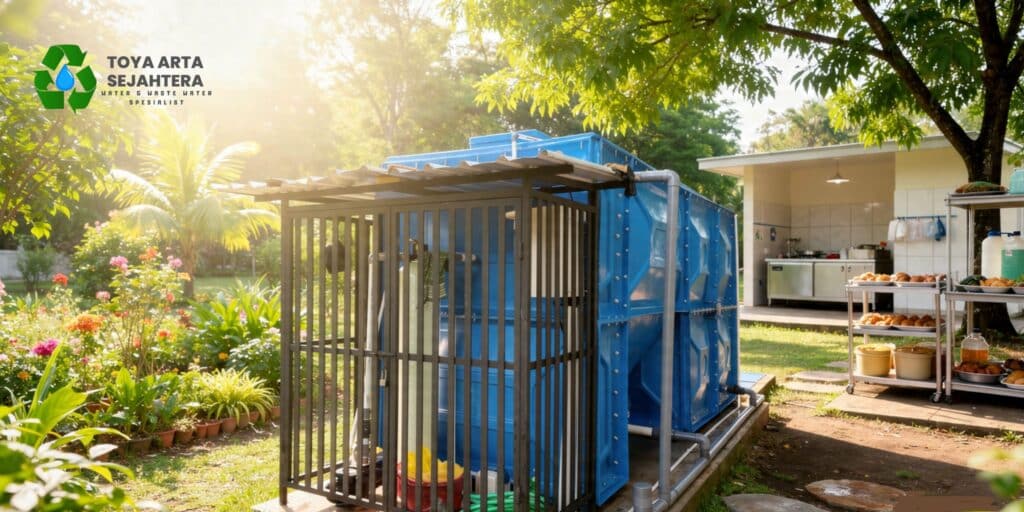 nstalasi pengolahan air limbah (IPAL) portabel dengan tangki biru komersial dan sistem filtrasi dalam pagar besi hitam dari Toya Arta Sejahtera, dipasang di area terbuka hijau.