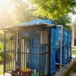 nstalasi pengolahan air limbah (IPAL) portabel dengan tangki biru komersial dan sistem filtrasi dalam pagar besi hitam dari Toya Arta Sejahtera, dipasang di area terbuka hijau.