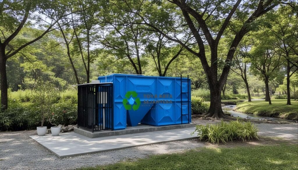 Sistem Instalasi Pengolahan Air Limbah (IPAL) MBG model fabrikasi berwarna biru dari Toya Arta Sejahtera