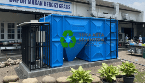 Instalasi IPAL Dapur MBG Toya Arta Sejahtera berwarna biru untuk pengolahan limbah dapur makan bergizi gratis.