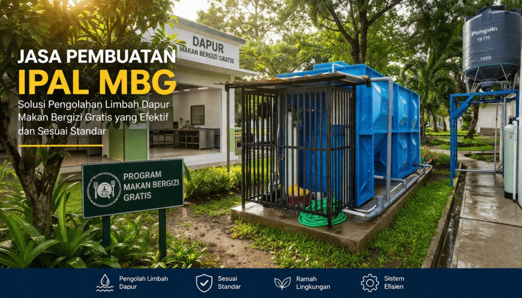 Unit sistem pengolahan air limbah dari jasa pembuatan IPAL MBG profesional untuk fasilitas dapur Makan Bergizi Gratis yang ramah lingkungan.