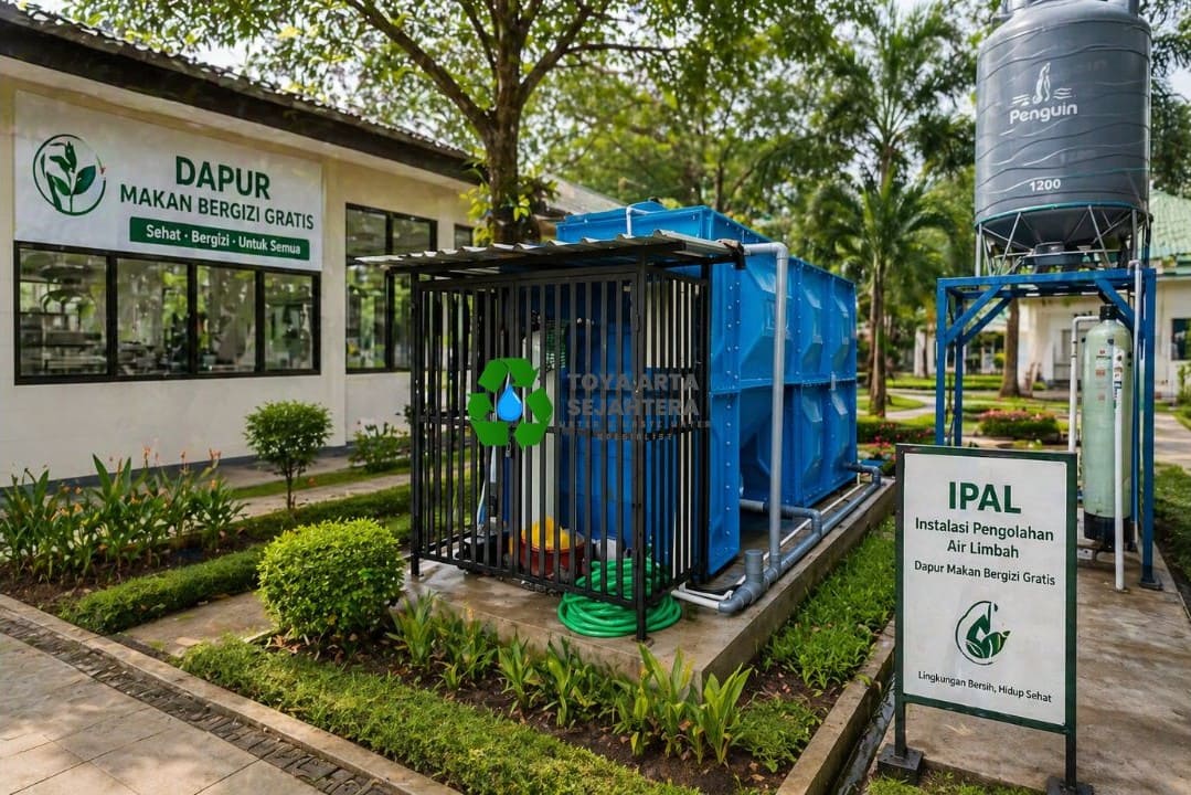 Instalasi pengolahan air limbah (IPAL) biru di area Dapur Makan Bergizi Gratis karya Toya Arta Sejahtera.