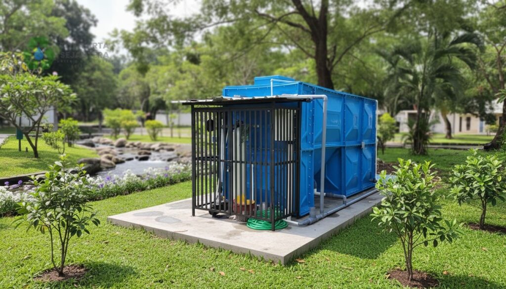 instalasi IPAL MBG berwarna biru dengan latar taman asri dan teks solusi limbah dapur bersih untuk program Makan Bergizi Gratis.