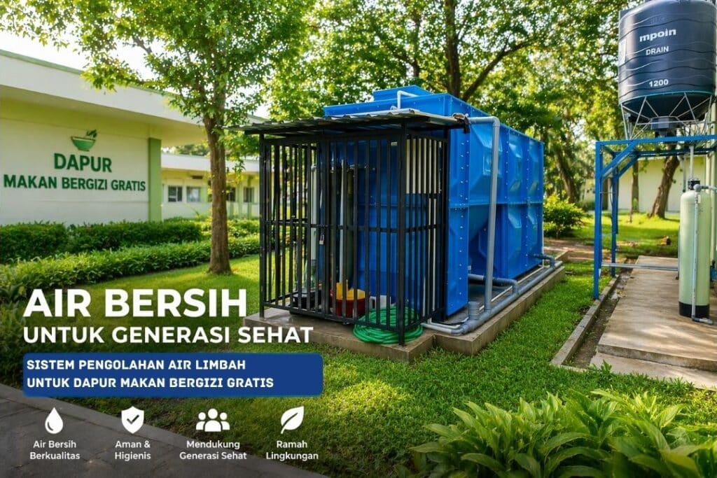 Sistem Instalasi Pengolahan Air Limbah (IPAL MBG) buatan Toya Arta Sejahtera, dipasang di area terbuka hijau samping gedung Dapur Makan Bergizi Gratis. Menampilkan tangki modular biru, unit filtrasi dalam kerangka besi, dan tangki penampung air olahan.