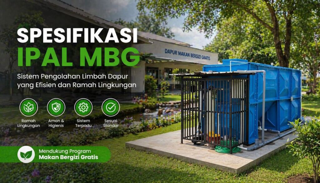 Unit instalasi IPAL MBG warna biru di area Dapur Makan Bergizi Gratis dengan sistem pengolahan limbah ramah lingkungan.