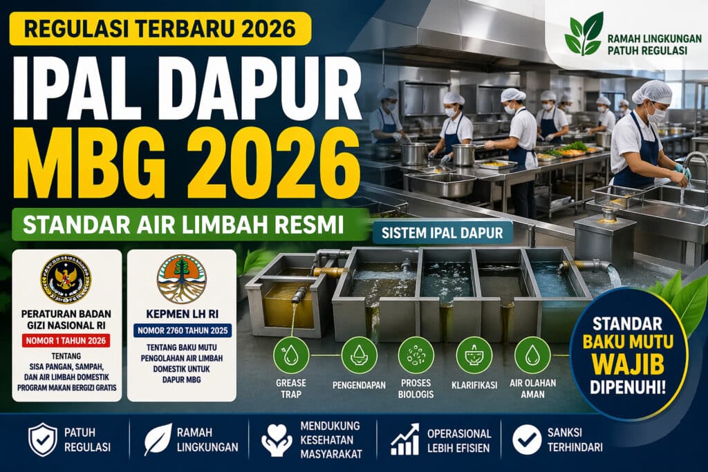 Infografis IPAL dapur MBG 2026 menampilkan sistem pengolahan air limbah dapur makan bergizi gratis sesuai regulasi dan baku mutu pemerintah Indonesia