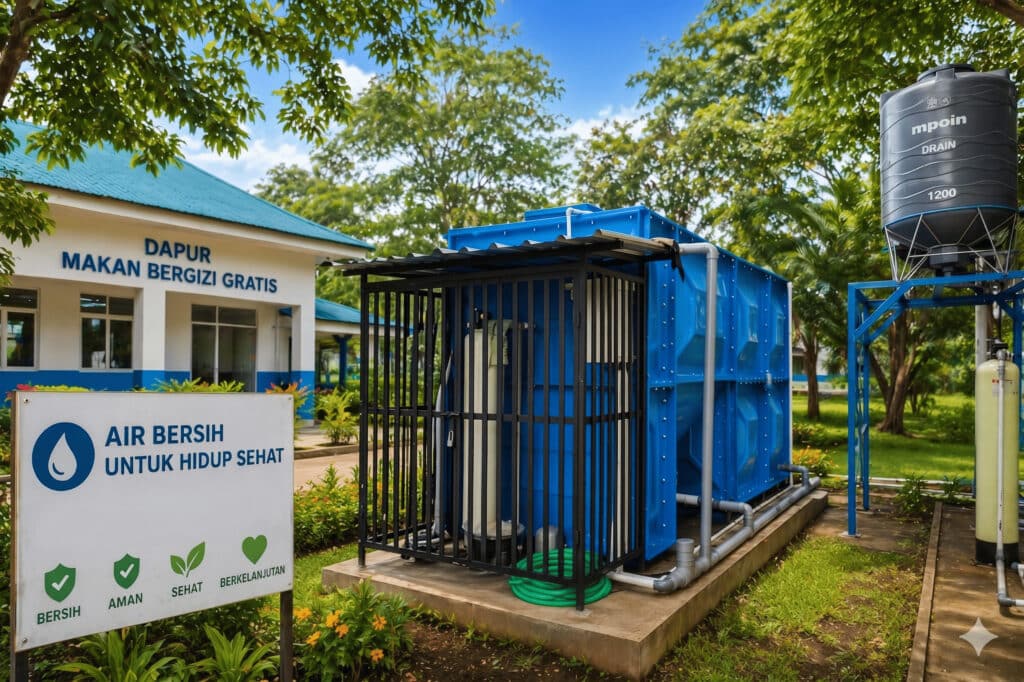 Pemandangan luar fasilitas Dapur Makan Bergizi Gratis dengan instalasi pengolahan air bersih tangki biru modern dan papan tanda bertuliskan 'Air Bersih Untuk Hidup Sehat' di bagian depan.