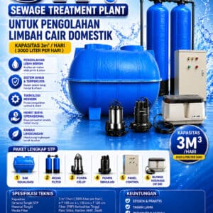 STP Bioreactor fiberglass kapasitas 3 m3 per hari untuk pengolahan limbah cair domestik, sewage treatment plant compact untuk rumah, kantor, restoran, klinik, dan bangunan komersial.