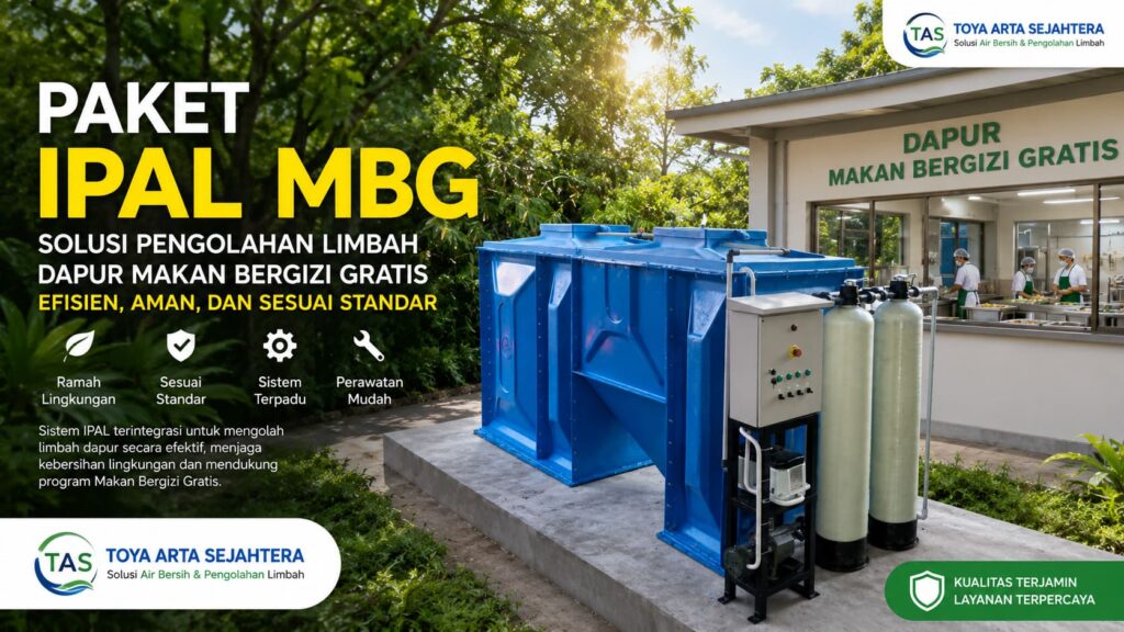Unit instalasi Paket IPAL MBG berwarna biru produksi Toya Arta Sejahtera untuk sistem pengolahan air limbah dapur Makan Bergizi Gratis yang ramah lingkungan dan sesuai standar.