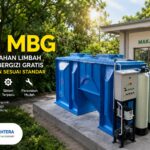 Unit instalasi Paket IPAL MBG berwarna biru produksi Toya Arta Sejahtera untuk sistem pengolahan air limbah dapur Makan Bergizi Gratis yang ramah lingkungan dan sesuai standar.
