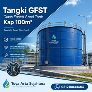 Tangki GFST 100 m3 berwarna biru untuk reservoir air PDAM oleh Toya Arta Sejahtera