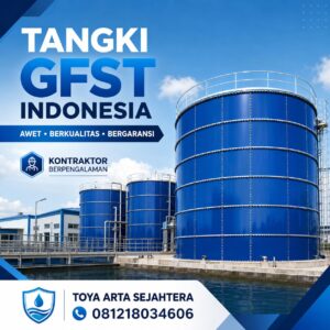 Tangki GFST Indonesia berwarna biru untuk reservoir air, PDAM dan industri oleh Toya Arta Sejahtera