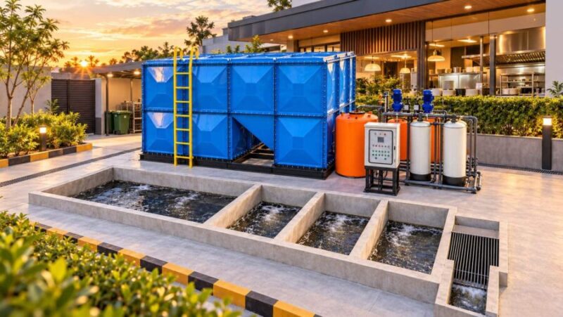 IPAL restoran untuk pengolahan limbah cair dapur dengan grease trap, proses biologis dan sistem filtrasi