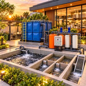 IPAL untuk dapur restoran dengan bak equalisasi, grease trap dan sistem pengolahan limbah cair restoran