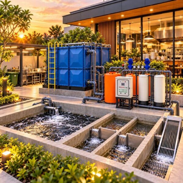 IPAL untuk dapur restoran dengan bak equalisasi, grease trap dan sistem pengolahan limbah cair restoran