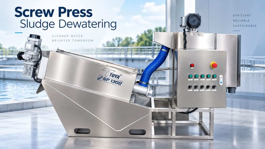 Screw press sludge dewatering untuk mengurangi kadar air lumpur pada sistem IPAL industri dan domestik