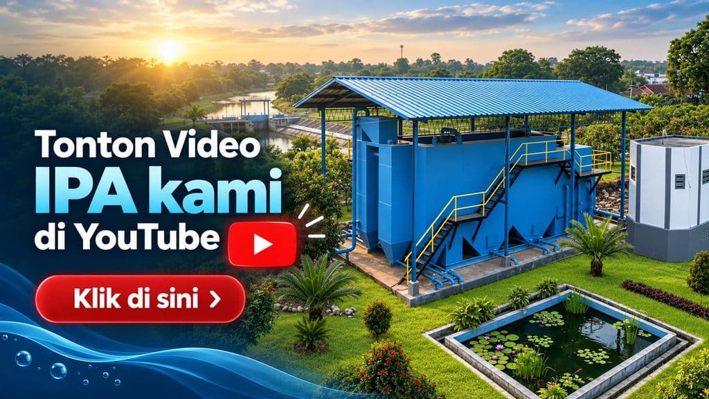 Banner Tonton Video IPA kami di YouTube dengan latar instalasi pengolahan air